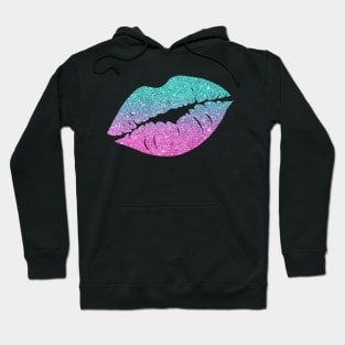 Bright Teal Pink Ombre Faux Glitter Lips Hoodie